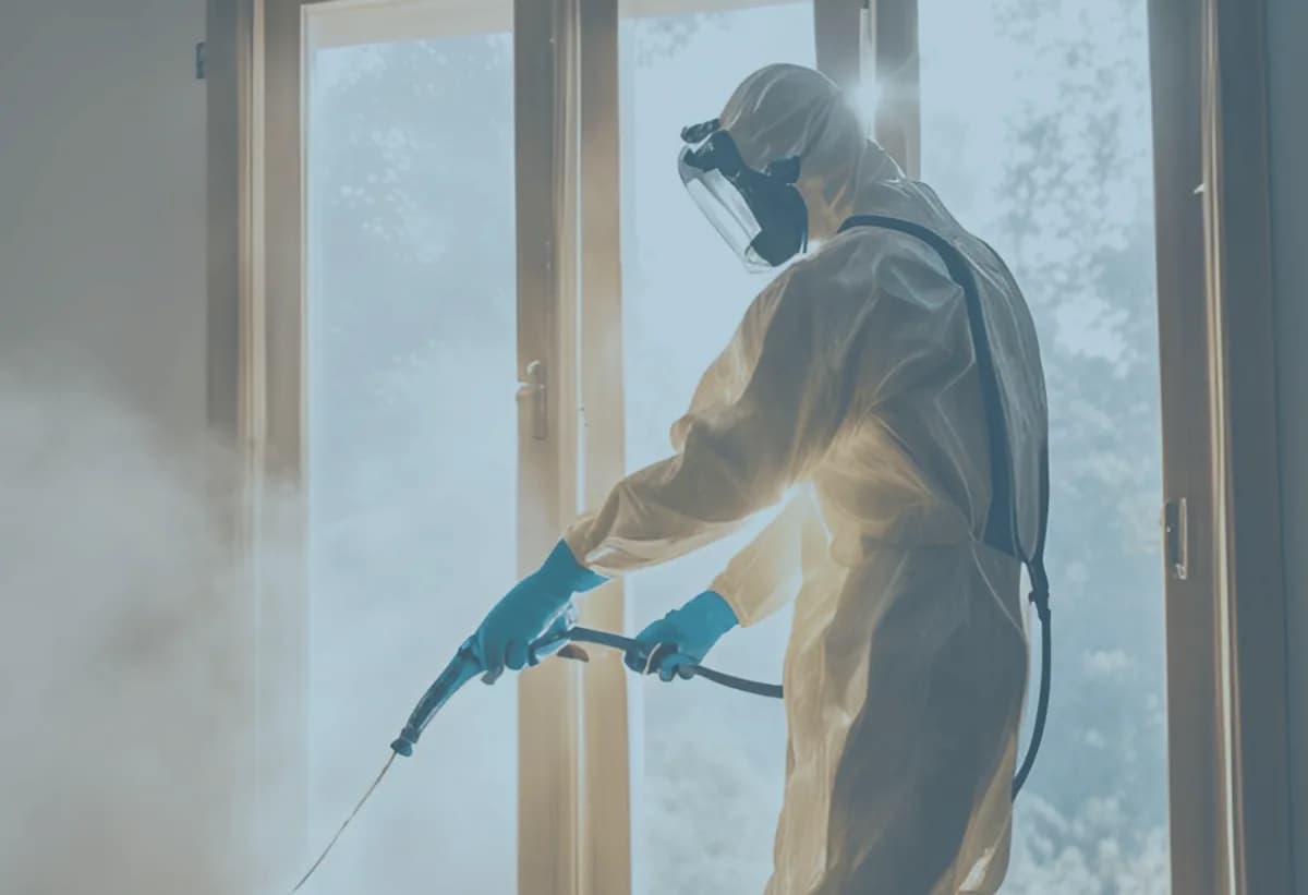 Profissional da DDJet realizando sanitização com equipamento de névoa